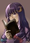  book bow crescent crescent_hair_ornament hair_bow hair_ornament highres i-la long_hair patchouli_knowledge purple_eyes purple_hair solo touhou 