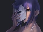  amino_(tn7135) bad_id bad_pixiv_id bangs black_background check_character dripping eyelashes face fate/prototype fate/prototype:_fragments_of_blue_and_silver fate/zero fate_(series) hassan_of_serenity_(fate) holding holding_mask looking_at_viewer mask one_eye_covered purple_eyes purple_hair shade short_hair simple_background sleeveless solo tears 