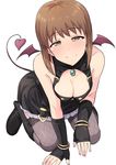  all_fours bare_shoulders blush bob_cut boots bracelet breasts brown_eyes brown_hair cleavage cleavage_cutout demon_tail demon_wings dress fingerless_gloves fishnet_legwear fishnets gloves hagiwara_yukiho highres idolmaster idolmaster_(classic) jewelry looking_at_viewer medium_breasts short_hair smile solo tail thighhighs tsurui wings 