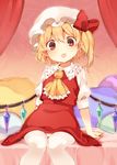  akagashi_hagane ascot bangs bed blonde_hair bow flandre_scarlet hair_bow hat looking_at_viewer mob_cap on_bed pantyhose pillow pointy_ears puffy_sleeves red_bow red_eyes red_skirt sitting skirt skirt_set solo tongue tongue_out touhou vest white_legwear wings 