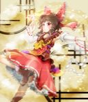  absurdres adapted_costume armpits ascot bow brown_hair chamaji collarbone detached_sleeves dutch_angle gohei hair_bow hair_tubes hakurei_reimu highres long_sleeves outstretched_arm ribbon-trimmed_sleeves ribbon_trim shirt skirt solo spell_card standing standing_on_one_leg touhou wide_sleeves 