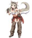  adjustable_wrench animal_ears bangs bare_shoulders blush boots breasts chaps cleavage clothes_around_waist cowboy_boots elbow_pads fox_ears fox_tail full_body gloves goggles goggles_on_head grey_hair hair_flaps halter_top halterneck hand_on_hip large_breasts leaning_forward lily_the_mechanic long_hair looking_at_viewer lost_pause mechanic midriff navel open_mouth scarf smile solo tail thumbs_up tool_belt transparent_background wanaca wrench yellow_eyes 