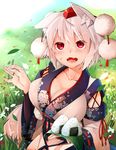  alternate_costume animal_ears blush breasts cleavage commentary detached_sleeves fangs floral_print food food_on_face hat highres hira_(nanika_no_heya) huge_breasts inubashiri_momiji japanese_clothes kimono long_sleeves looking_at_viewer obi onigiri open_mouth pom_pom_(clothes) red_eyes ribbon sash short_hair sitting solo string tail tokin_hat touhou wide_sleeves wolf_ears wolf_tail 