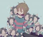  animal_ears blue_background brown_hair closed_eyes creature frisk_(undertale) grey_hair higa423 highres hives long_sleeves open_mouth pants shirt short_hair simple_background smile striped striped_shirt sweatdrop temmie undertale 