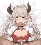  1girl alicia_(granblue_fantasy) breasts censored cum cum_in_mouth cum_on_body cum_on_breasts cum_on_upper_body draph earrings fellatio gloves granblue_fantasy hanarito hetero highres horns jewelry large_breasts oral paizuri penis pointless_censoring red_eyes silver_hair solo_focus tears underboob_cutout white_gloves 