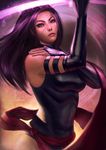  bare_shoulders blue_eyes breasts elbow_gloves gloves glowing glowing_sword glowing_weapon highleg highleg_leotard highres leotard long_hair marvel medium_breasts psylocke purple_hair raikoart sash solo thighhighs weapon x-men 