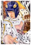  bangs bob_cut border bruno_buccellati building hair_ornament hairclip index_finger_raised jojo_no_kimyou_na_bouken male_focus nakama_yasukata purple_eyes purple_hair solo watermark web_address white_border zipper 