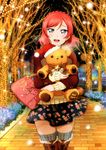  :d absurdres artist_request bag bare_tree blush boots bow braid brick brown_footwear building bush christmas_lights coat cross-laced_footwear english floral_print grey_legwear guard_rail handbag hat head_tilt highres lamppost long_sleeves looking_at_viewer love_live! love_live!_school_idol_festival love_live!_school_idol_project merry_christmas night nishikino_maki object_hug official_art open_mouth outdoors path purple_eyes red_hair road santa_hat scan skirt smile snowing solo sparkle star striped striped_bow stuffed_animal stuffed_toy sweater teddy_bear thighhighs third-party_edit tree 