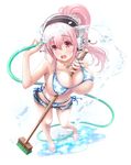 barefoot between_breasts bikini blush breasts broom cleavage covered_nipples groin headphones highres holding hose jewelry large_breasts leaning_forward long_hair looking_at_viewer navel necklace nitroplus open_fly open_mouth pink_eyes pink_hair ponytail puddle shiny shiny_skin shorts side-tie_bikini skindentation solo super_sonico sweatdrop swimsuit transparent_background v-mag water 