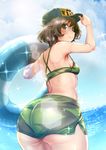  akiyama_yukari ass back bikini blue_sky brown_eyes brown_hair camouflage camouflage_shorts cloud day excel_(shena) girls_und_panzer hand_on_headwear hat highres innertube ocean short_hair shorts sky smile solo sparkle sunlight swimsuit 