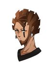  azuma_(fairy_tail) beard blush brown_hair dark_skin dark_skinned_male earrings facial_hair facial_tattoo fairy_tail green_eyes jewelry male_focus portrait simple_background solo tai-yaki tattoo white_background 