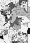  1girl :o asbel_lhant blush bow cheria_barnes comic couple doujinshi eye_contact greyscale hair_bow hetero highres hug juliet_sleeves kurimomo long_sleeves looking_at_another monochrome panties partially_translated puffy_sleeves short_hair skirt sweat tales_of_(series) tales_of_graces tears thighhighs translation_request two_side_up underwear 