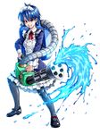  black_legwear blue_hair bow dress eply firing frilled_dress frills full_body gatling_gun grin gun highres maid maid_headdress mary_janes minigun neck_ribbon original pantyhose red_eyes ribbon shoes smile solo water water_gun water_tank weapon 