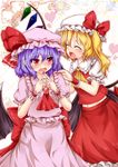  absurdres argyle argyle_background ascot bat_wings blush closed_eyes commentary crystal fang fingers_together flandre_scarlet hat hat_ribbon heart highres hyoumon_(saihokutan) looking_at_another midriff mob_cap multiple_girls nail_polish navel open_mouth pointy_ears puffy_sleeves red_eyes remilia_scarlet ribbon sash shirt short_sleeves siblings side_ponytail sisters skirt skirt_set smile touhou vest wings wrist_cuffs 