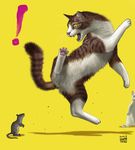  2016 animal artist_name cat commentary dated fangs jumping matataku mouse no_humans original signature surprised surprised_cat_(matataku) yellow_background 