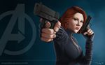  avengers black_widow bodysuit breasts brown_hair dual_wielding glock gun handgun holding iury_padilha large_breasts marvel natasha_romanoff red_hair short_hair solo weapon 