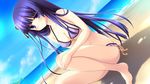  beach bikini blue_eyes blush female game_cg highres hyper_highspeed_genius purple_hair shiguresato_himeno solo swimsuit yukiwo 