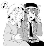  :o anarogumaaa blazer blush bow cellphone commentary_request dress eating eighth_note food greyscale hair_between_eyes hat hat_bow jacket long_sleeves maribel_hearn mob_cap monochrome multiple_girls musical_note necktie open_mouth phone simple_background sitting smartphone smile spoken_musical_note surprised takoyaki touhou usami_renko white_background 