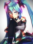  3d blue_hair elbow_gloves gloves gradient gradient_background green_eyes grey_background hatsune_miku long_hair looking_at_viewer mikumikudance sc sitting solo twintails very_long_hair vocaloid vocaloid_(tda-type_ver) 