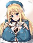  1girl admiral_(kantai_collection) atago_(kantai_collection) beret blonde_hair blue_eyes blush bow bowtie breasts censored commentary_request hat head_tilt hetero huge_breasts kantai_collection kurokawa_otogi long_hair long_sleeves looking_at_viewer military military_uniform no_gloves paizuri paizuri_under_clothes penis pov_crotch smile solo_focus uniform upper_body white_bow white_neckwear 