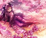  arm_support aruk bow cherry_blossoms circlet floral_print flower grass hair_bow hair_flower hair_ornament japanese_clothes kimono long_hair looking_to_the_side petals solo tree 