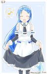  :d ^_^ adapted_costume alternate_costume bangs bare_shoulders blue_hair closed_eyes detached_sleeves eighth_note enmaided facing_viewer gradient_hair kantai_collection long_hair long_skirt mae_(maesanpicture) maid maid_headdress multicolored_hair musical_note numbered open_mouth pantyhose samidare_(kantai_collection) simple_background skirt skirt_lift smile solo speech_bubble spoken_musical_note swept_bangs twitter_username very_long_hair 