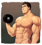  abs bara black_hair male_focus muscle pecs solo sweat teeth topless weight weights winemvee workout yaoi 