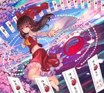  ascot barefoot brown_hair cherry_blossoms commentary detached_sleeves dutch_angle full_body gohei hair_ribbon hair_tubes hakurei_reimu japanese_clothes long_hair long_sleeves looking_at_viewer magic_circle midriff miko nature navel ofuda outstretched_arms petals red_eyes ribbon sarashi shirt skirt skirt_set smile solo touhou wide_sleeves yuujin_(mhhnp306) 