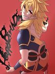  back bandages blonde_hair fairy_tail fang happy_birthday highres long_hair male_focus red_background red_eyes simple_background solo tai-yaki teeth zancrow 