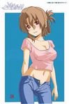  bare_shoulders breasts brown_hair cleavage denim folded_ponytail hayate_no_gotoku! jeans long_hair maria_(hayate_no_gotoku!) navel panties pants red_eyes simple_background smile solo underwear 