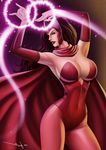  armpits bodysuit breasts brown_hair cape cleavage elbow_gloves gloves glowing helmet huge_breasts iury_padilha leotard long_hair marvel pantyhose pink_bodysuit red_leotard scarlet_witch solo wanda_maximoff x-men 