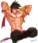  abs armpits arms_up bad_id bad_pixiv_id blush brown_hair dungeon_and_fighter headband highres indian_style male_fighter_(dungeon_and_fighter) male_focus muscle nipples pectorals shirtless sitting solo spiked_hair striker_(dungeon_and_fighter) talonez tying_headband 