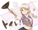  arm_warmers armpit_peek blonde_hair blush green_eyes grin looking_at_viewer mizuhashi_parsee muchi_maro one_eye_closed plunger pointy_ears ribbon sash shirt skirt smile solo sparkle sweat toilet toilet_paper touhou turban upper_body v wrist_ribbon 