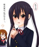  :d ? baretto_(firearms_1) black_hair brown_hair chocolate chocolate_heart commentary detonator finger_on_trigger gun heart hirasawa_yui holding holding_gun holding_weapon k-on! multiple_girls nakano_azusa neck_ribbon open_mouth pleated_skirt red_eyes red_ribbon ribbon sakuragaoka_high_school_uniform school_uniform short_hair skirt smile translated twintails weapon yandere 