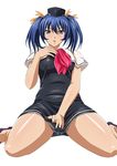  bashoku_youjou blue_hair blush breasts female hair_ornament ikkitousen large_breasts legs looking_at_viewer parted_lips purple_eyes shiny_skin short_twintails sitting solo twintails 