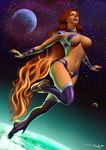  boots breasts cleavage dc_comics gradient_hair green_eyes huge_breasts iury_padilha long_hair midriff moon multicolored_hair navel orange_hair red_hair revealing_clothes solo space starfire teen_titans thigh_boots thighhighs underboob very_long_hair 