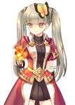  coat dress fingerless_gloves fire gloves lips long_hair orange_eyes plaid plaid_skirt puffy_short_sleeves puffy_sleeves pyromancer_(tree_of_savior) red_coat short_sleeves silver_hair simple_background skirt smile solo tree_of_savior trianon twintails white_background 