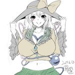  :&gt; alternate_breast_size black_hat blue_eyes blush bow breasts cleavage collarbone commentary_request dated eyeball green_skirt hat hat_bow hat_ribbon hat_tug heart heart_of_string impossible_clothes komeiji_koishi kurokawa_otogi large_breasts long_sleeves looking_at_viewer midriff navel ribbon shirt short_hair signature sketch skirt smile solo third_eye touhou upper_body white_background white_hair wide_sleeves yellow_shirt 