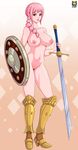  absurdres braid breasts female functionally_nude kyoffie large_breasts lips navel nipples one_piece pink_hair pussy rebecca_(one_piece) red_eyes shield sword thighs uncensored 