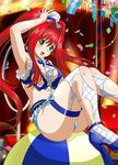  ball blue_panties breasts brown_eyes flag hat ikkitousen kanpei large_breasts long_hair mini_hat open_mouth panties red_hair shirt sitting solo thighhighs torn_clothes torn_legwear torn_shirt twintails underwear 