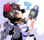  ? black_hair black_wings commentary game_boy handheld_game_console hat pocket_camera_(nintendo) pom_pom_(clothes) puffy_short_sleeves puffy_sleeves red_eyes shameimaru_aya shinapuu shirt short_hair short_sleeves silver_background simple_background solo tokin_hat touhou wavy_mouth white_background white_shirt wings 