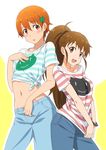  absurdres blush brown_eyes brown_hair casual commentary_request crop_top denim hair_ornament hairpin highres inami_mahiru jeans long_hair midiman multiple_girls navel open_mouth orange_eyes orange_hair pants ponytail shirt short_hair smile striped striped_shirt taneshima_popura working!! 