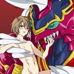  1boy abs blush brown_hair cardfight!!_vanguard green_eyes kai_toshiki lifting male_focus monster muscle nipples size_difference sweat 