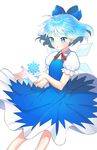  :o bad_id bad_pixiv_id blue_bow blue_dress blue_eyes blue_hair blush bow cirno cowboy_shot dress froststar hair_bow hair_ribbon highres ice ice_wings open_mouth puffy_short_sleeves puffy_sleeves red_ribbon ribbon short_hair short_sleeves simple_background snowflakes solo touhou upskirt white_background wing_collar wings 