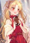  1girl bangs bare_shoulders belt blonde_hair blush bow box bracelet commentary_request dress earrings ereshkigal_(fate/grand_order) eyebrows_visible_through_hair fate/grand_order fate_(series) fingernails forehead gift gift_box hair_between_eyes hair_bow hands_up highres holding holding_gift infinity jewelry long_hair looking_away looking_to_the_side open_mouth parted_bangs red_bow red_dress red_eyes shawl signature sleeveless sleeveless_dress solo twitter_username two_side_up valentine very_long_hair white_bow yano_mitsuki 