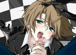  2boys animal_ears blush brown_hair cardfight!!_vanguard drooling erection fellatio green_eyes handjob kai_toshiki licking looking_at_viewer male_focus multiple_boys penis pov saliva steam sweat tongue tongue_out yaoi 