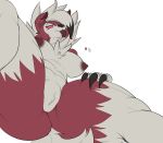  abs alternate_species anthro anthrofied athletic big_breasts black_hair breasts canid canine claws danonymous female fur hair lycanroc mammal midnight_lycanroc multicolored_fur multicolored_hair nintendo nipples pink_eyes pink_sclera pok&eacute;mon pok&eacute;mon_(species) pussy red_fur simple_background solo thick_thighs tongue tongue_out video_games white_fur white_hair 