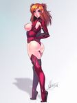  1girl adapted_costume ass blue_eyes blush breasts hair_between_eyes hairpods hand_on_hip looking_at_viewer neon_genesis_evangelion nipples open_mouth parted_lips red_hair side_boob simple_background solo soryu_asuka_langley thigh_boots yuureikun 