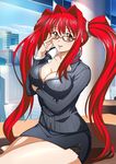  breasts city female glasses hair_ornament ikkitousen kanpei large_breasts legs long_twintails looking_at_viewer red_hair sitting skirt smile solo twintails 