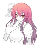  blush bow breasts brown_eyes cattleya_(flower_knight_girl) cilfy cleavage flower flower_knight_girl frills hair_bow hair_flower hair_ornament large_breasts long_hair looking_at_viewer red_hair sketch solo spot_color upper_body white_background 